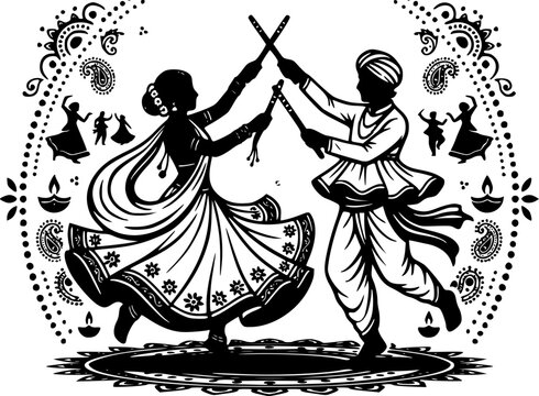 Garba Dandiya couple dancing illustration, Indian traditional folk dance man and woman with sticks, black silhouette vector for Navratri festival design