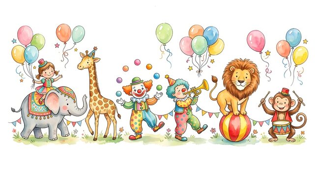 Whimsical Vintage Circus Parade with Lion, Elephant, Giraffe, Balloons and Carnival Characters