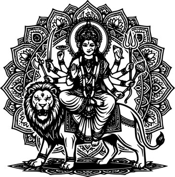 Goddess Durga Maa sitting on lion with mandala background, Hindu goddess illustration, black silhouette vector for Navratri and religious design