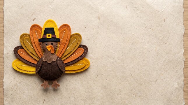 Felt turkey laying flat on a tan background with copy space