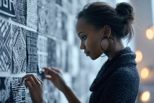 Young Black fashion designer examining bold geometric fabric patterns on a wall in a minimalist studio, showcasing innovative textile design concepts and creative exploration