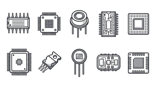 Collection of various electronic components and integrated circuits isolated on white