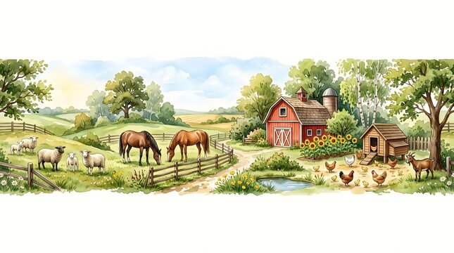 Watercolor countryside farm landscape with red barn, grazing animals, fields, and rolling hills