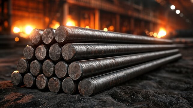 Stack of steel rebar in a dim warehouse with glowing orange lights, symbolizing industry and infrastructure development.
