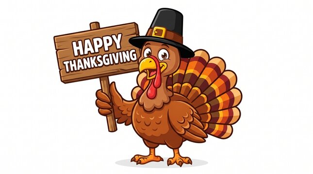 Cartoon turkey holding a sign wishing happy thanksgiving with festive design and vibrant colors