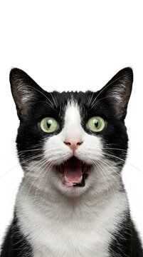 Close up portrait of dramatic shocked tuxedo cat with open mouth on white background. Funny feline meme perfect for advertising.
