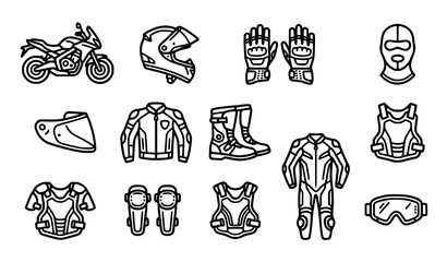 Fototapeta premium Motorcycle Equipment and Parts Icons Set – Motorbike Gear and Protective Riding Vector Collection