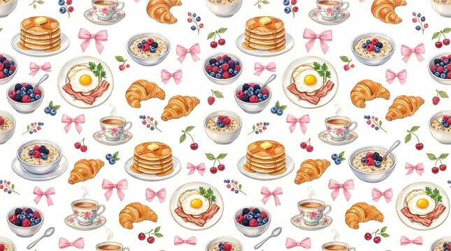 Seamless Watercolor Breakfast Pattern with Pancakes, Eggs, Coffee, Pastries, and Fresh Berries