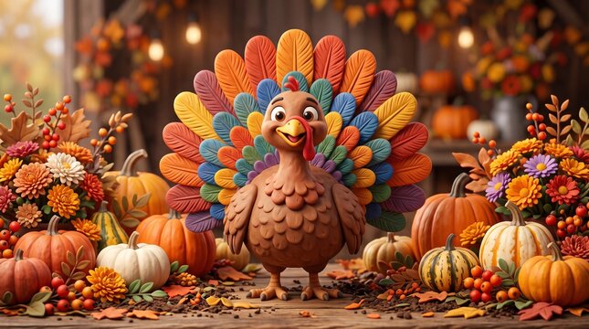 Happy thanksgiving day with a turkey and fall decoration. Generative AI
