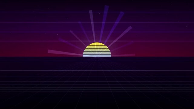 Retro sunset with geometric rays over a digital grid horizon.
