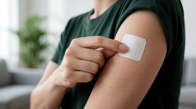 Woman applies contraceptive patch to upper arm for birth control. Hormonal patch provides steady release of medication for pregnancy prevention and family planning.