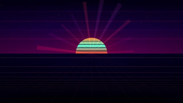 A stylized retro sun with horizontal colored bands rises over a gridlined ocean horizon in a dark purple sky.