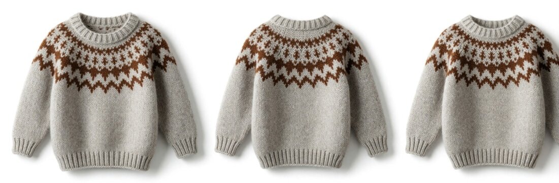 Three cozy knitted sweaters for kids on white background. Warm wool pullover with brown nordic pattern detail. Soft cotton clothes for baby boys girls. Winter apparel set with cute seasonal design