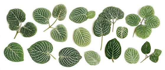 Obraz premium Collection of pressed delicate nerve plant Fittonia leaves, intricate veins, pure white background