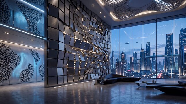 Futuristic Luxury Penthouse Interior with City Skyline View