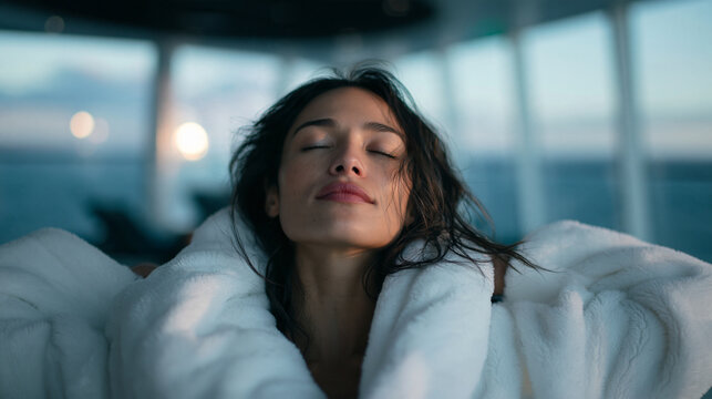 Woman in Bathrobe Relaxing with Eyes Closed at Spa