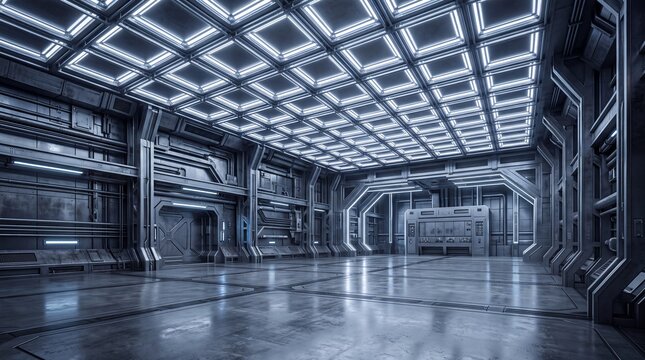 Futuristic Metallic Sci-Fi Room Interior with Grid Lights