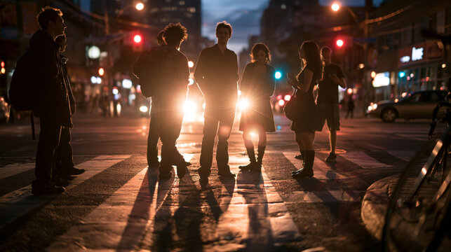 Friends Standing at City Crosswalk at Night