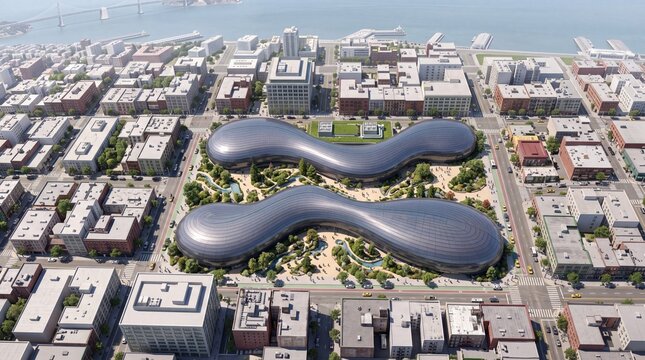 Futuristic Biomorphic Buildings and Urban Park Aerial View