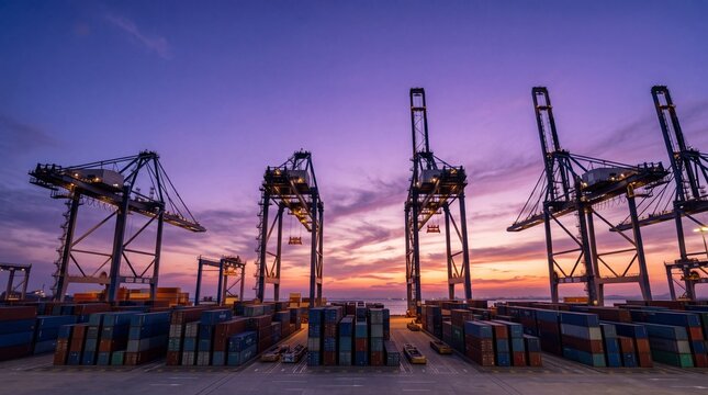 Container Terminal Cranes at Industrial Harbor at Sunset