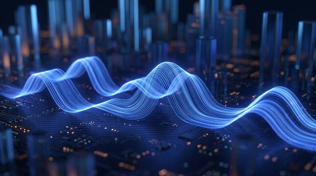 Glowing Data Wave Flowing Across Futuristic Smart City