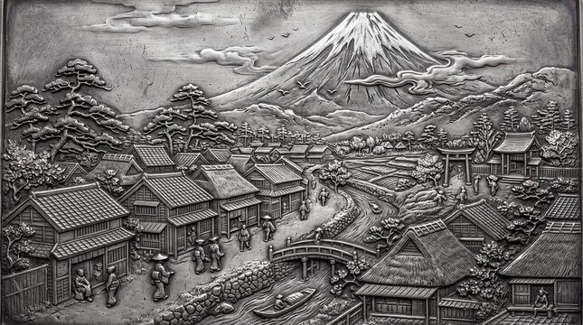Embossed Metal Relief of Mount Fuji and Traditional Japanese Village