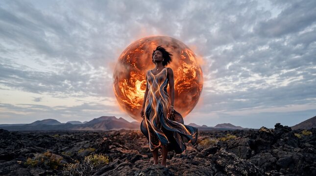 Woman Standing Before Glowing Fiery Planet in Volcanic Landscape