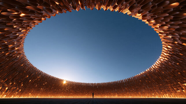 Monumental Circular Wooden Pavilion with Sky Oculus View