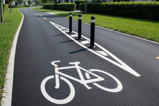 Asphalt bike path with white bicycle lane marking, black bollards. Metal posts divide cycle track from road to improve safety. Urban bikeway features traffic calming measures in green park