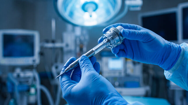 Surgeon wearing blue gloves holding a surgical trocar instrument in a modern hospital operating room