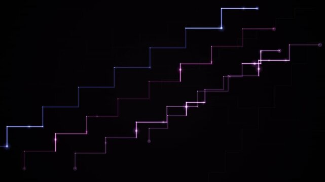 Glowing pixelated staircase ascends against a dark background in shades of blue and purple.