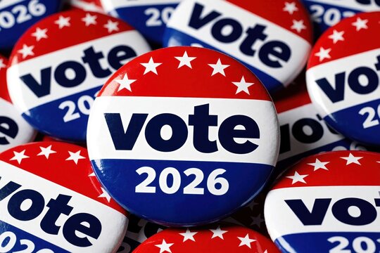 Group of red, white, and blue campaign buttons urge citizens to vote in 2026. Stars adorn buttons promoting election participation and democratic choice.