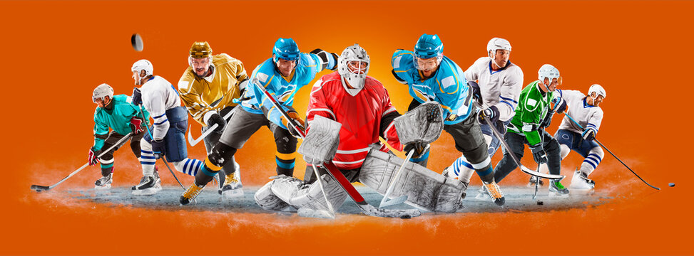 Ice hockey. Professional hockey players on an orange background. Hockey players in the game. A hockey player striving for victory and the championship title. Sport.
