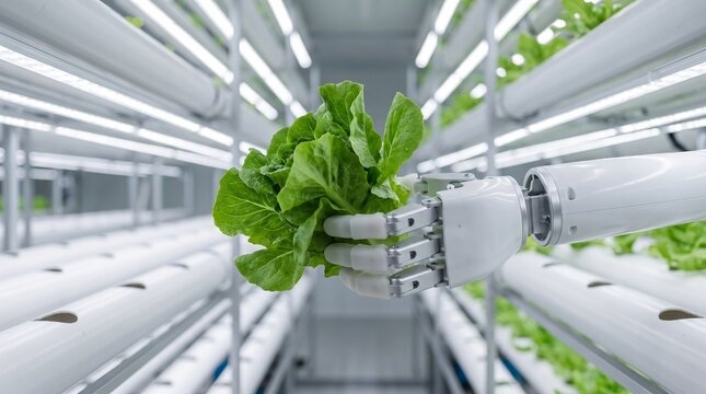 Robotic Hand Holding Fresh Green Lettuce In A Vertical Hydroponic Farm