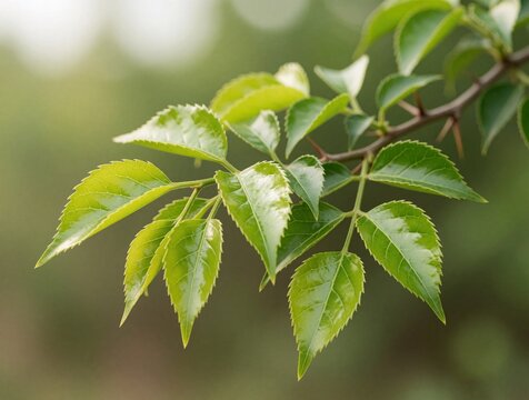 Bright green Bidara leaves on a thorny branch show intricate veins. Soft focus green background provides natural setting for detailed plant study or herbal medicine content.