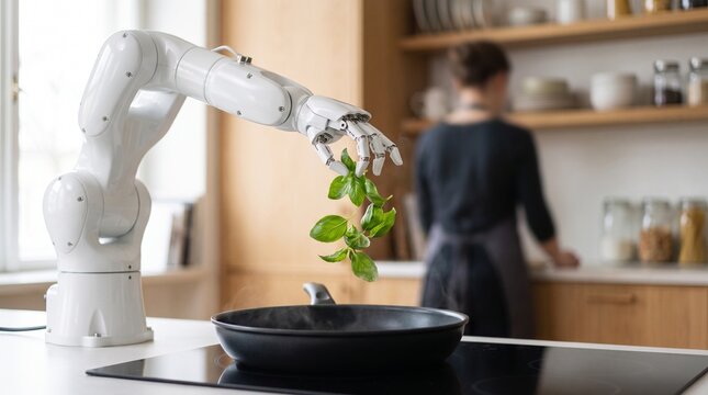 Domestic Robotic Arm Cooking Fresh Basil In A Modern Kitchen