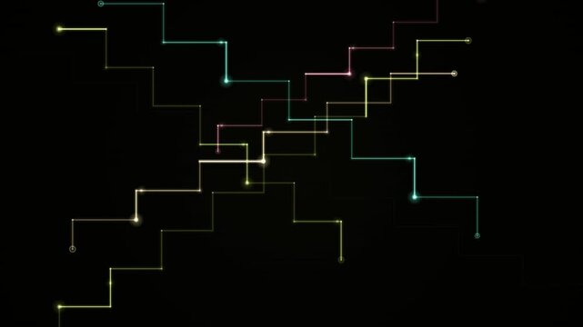 Glowing colored lines trace complex paths across a dark background.