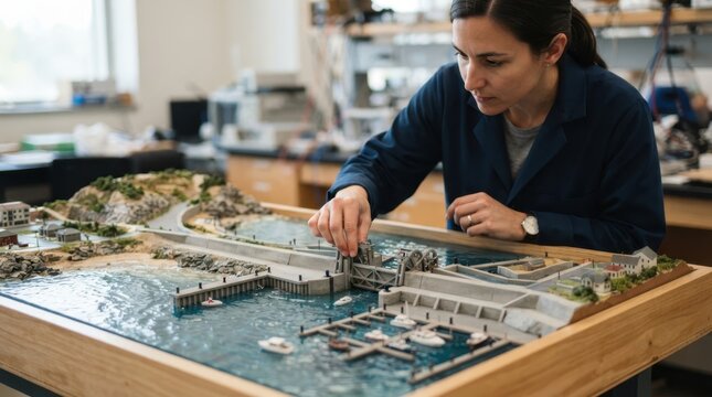 Engineer examining tabletop coastal model with miniature levees marina docks tidal gates and blue resin water