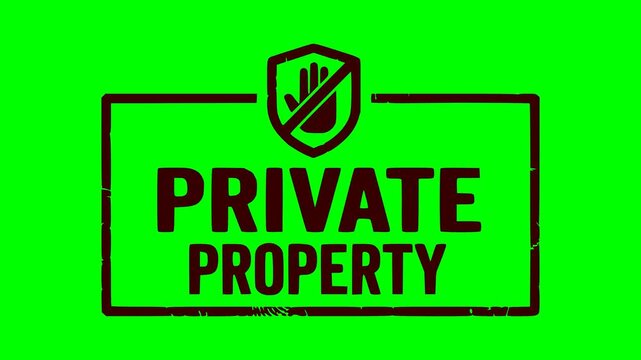 private property sign animation featuring a hand stop symbol, a red blinking light effect, and a green chroma key background for easy chroma removal