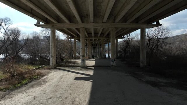 Camera advances beneath a concrete highway bridge beside a river through leafless winter trees. Urban infrastructure, waterfront corridor and shadowed underpass