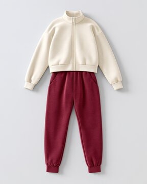 Casual two-piece sportswear set featuring a cream zip-up jacket and burgundy sweatpants displayed on a light gray background for fashion and apparel presentations