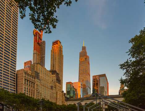 New York skyscrapers at sunset viewed from Bryant Park