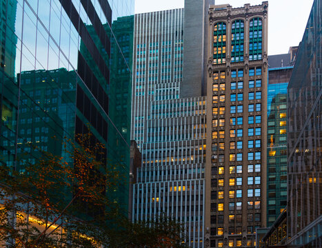 Elegant buildings in New York City at sunset