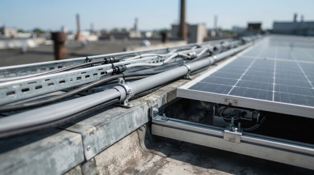 Solar panels, conduit pipes, and insulated cable trays mounted on a factory roof edge