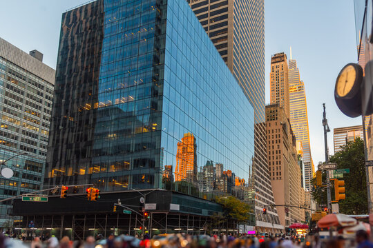 New York City skyscrapers at sunset viewed from the street