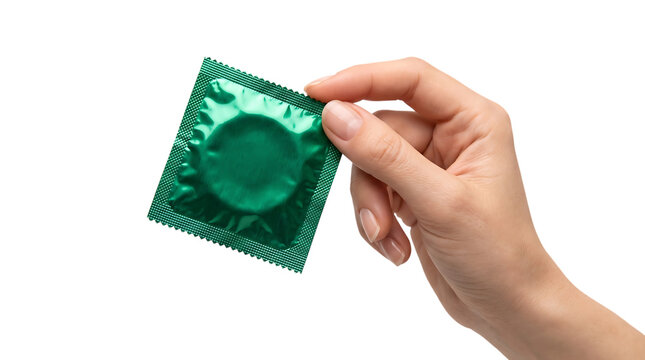 Hand holding sealed green condom foil packet representing contraception protection and sexual wellness concept image isolated on a transparent background
