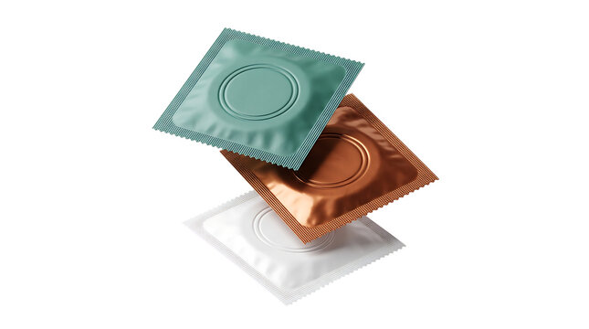 Three sealed metallic condom foil packets in teal copper and white colors for contraception concept isolated on a transparent background
