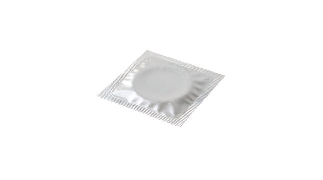 Single sealed silver condom foil packet with blank metallic packaging and crimped edges product concept isolated on a transparent background
