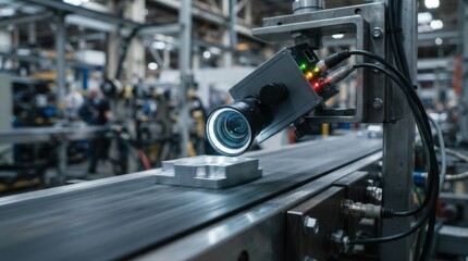 Fototapeta premium Machine vision camera inspecting a metal part on a moving conveyor in a factory line.