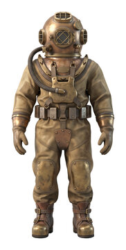 Vintage helmeted diving suit standing upright